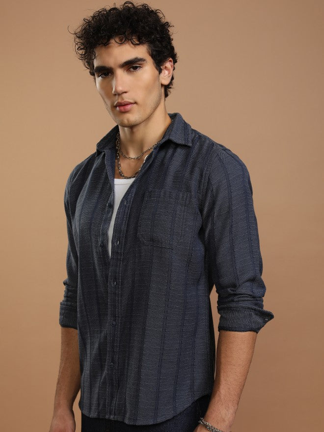 Highlander Men Blue Striped Slim Fit Casual Shirt - Blue - Image 4