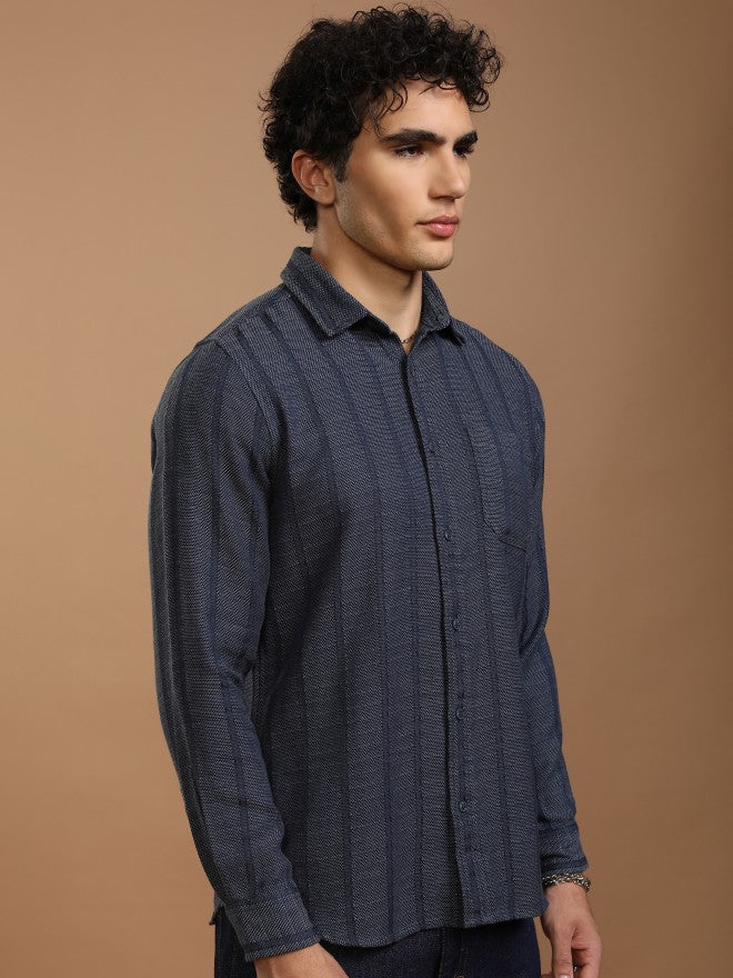 Highlander Men Blue Striped Slim Fit Casual Shirt - Blue - Image 6