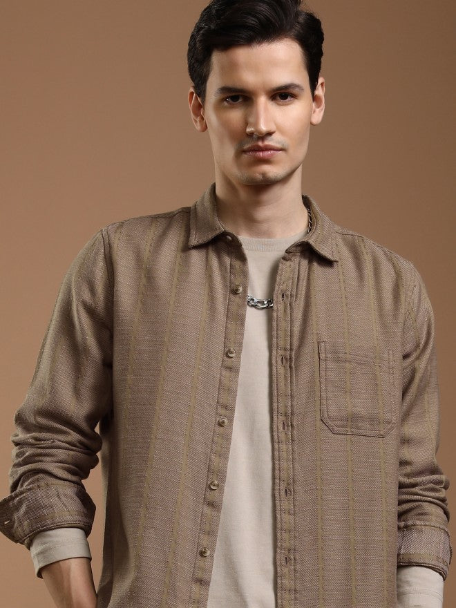 Highlander Men Khaki Striped Slim Fit Casual Shirt - Khaki - Image 1