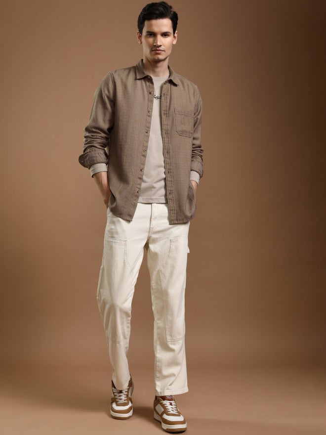 Highlander Men Khaki Striped Slim Fit Casual Shirt - Khaki - Image 2