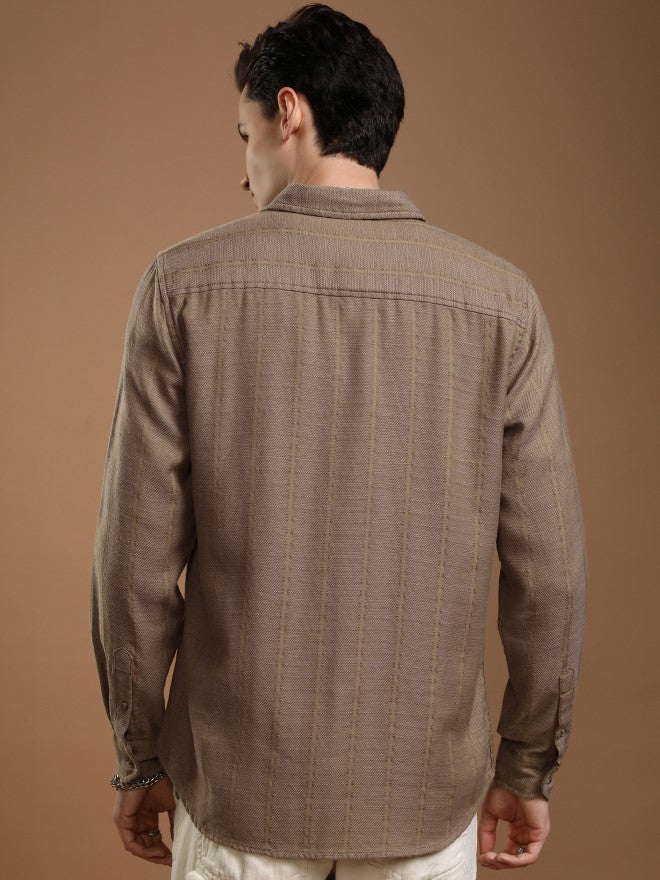 Highlander Men Khaki Striped Slim Fit Casual Shirt - Khaki - Image 3