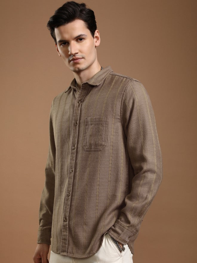 Highlander Men Khaki Striped Slim Fit Casual Shirt - Khaki - Image 4