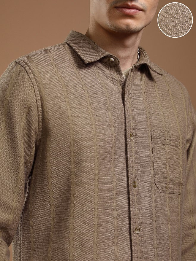 Highlander Men Khaki Striped Slim Fit Casual Shirt - Khaki - Image 5