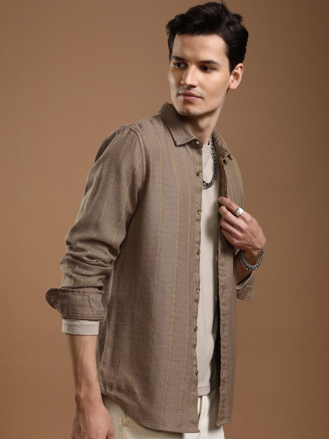 Highlander Men Khaki Striped Slim Fit Casual Shirt - Khaki - Image 6