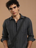 Highlander Men Grey Striped Slim Fit Casual Shirt - Grey - Image 1