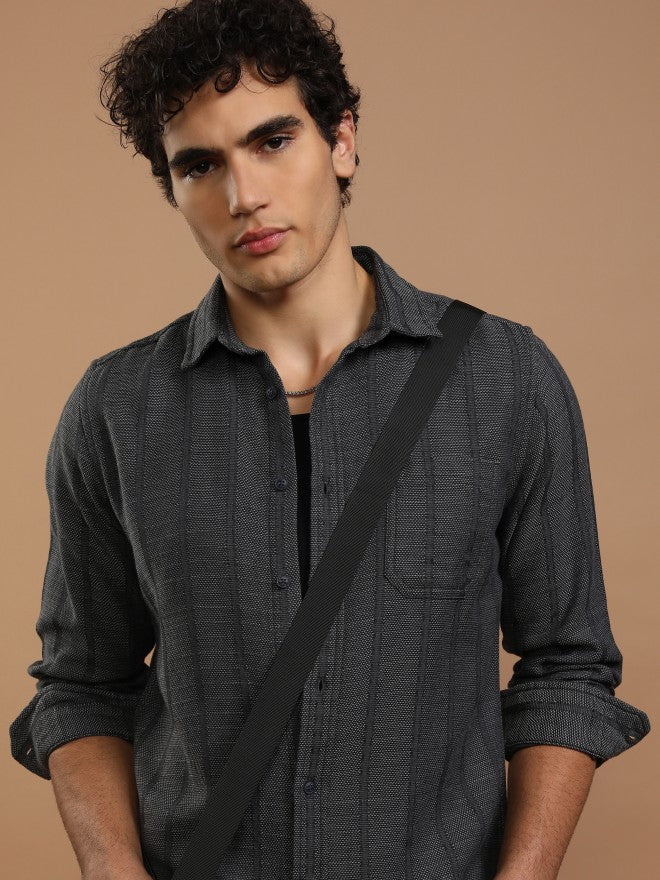 Highlander Men Grey Striped Slim Fit Casual Shirt - Grey - Image 1