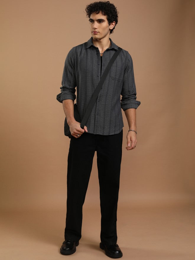 Highlander Men Grey Striped Slim Fit Casual Shirt - Grey - Image 2