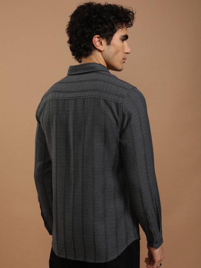 Highlander Men Grey Striped Slim Fit Casual Shirt - Grey - Image 3