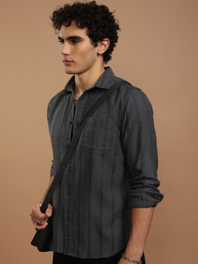 Highlander Men Grey Striped Slim Fit Casual Shirt - Grey - Image 4