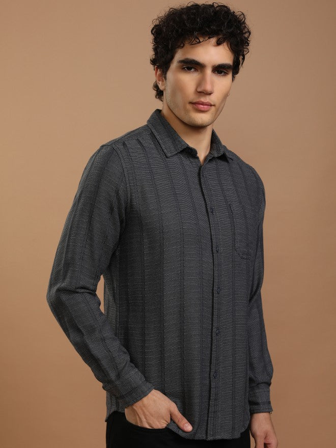 Highlander Men Grey Striped Slim Fit Casual Shirt - Grey - Image 6