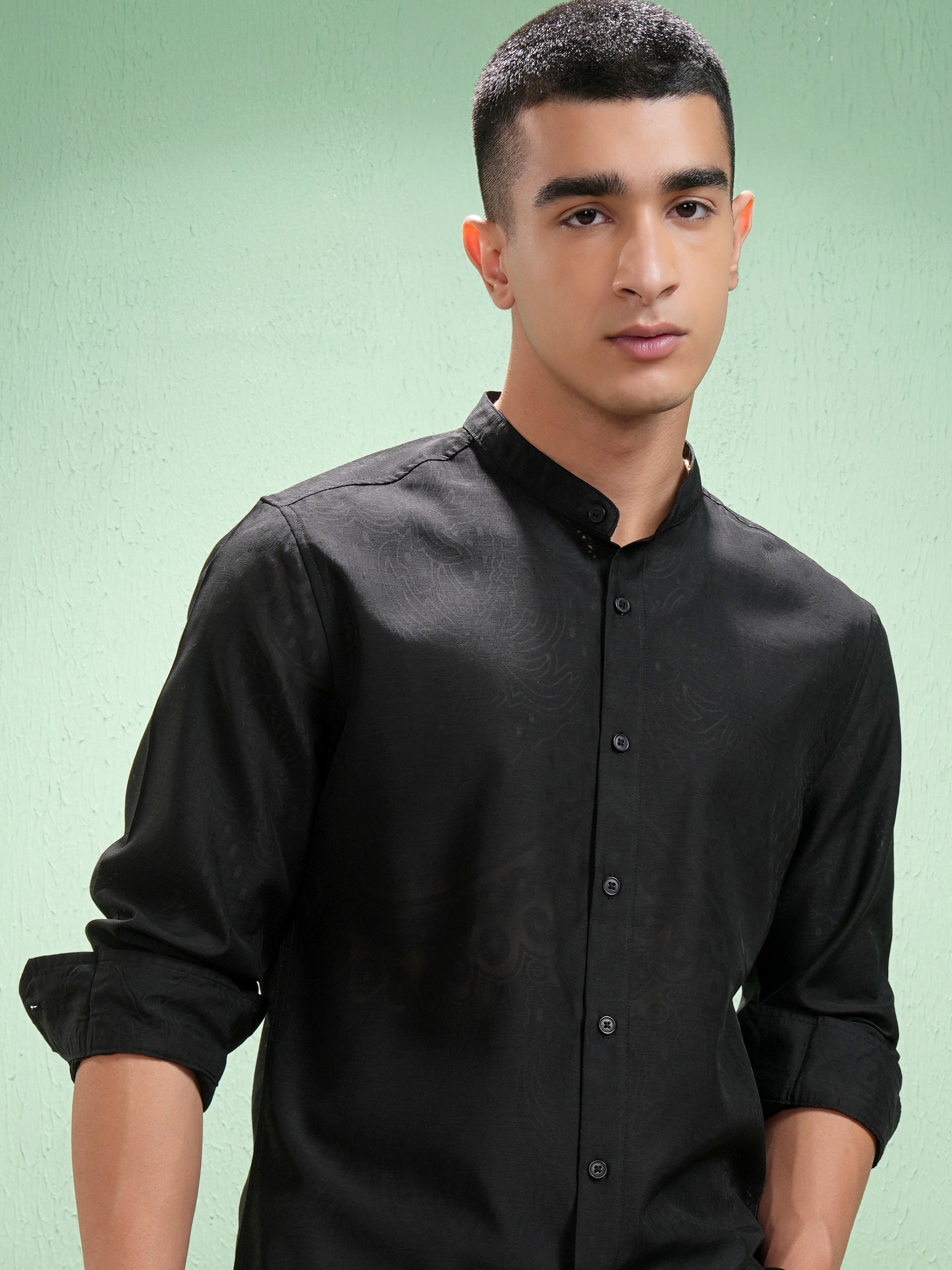 Highlander Men Black Self Design Slim Fit Casual Shirt - Black - Image 1