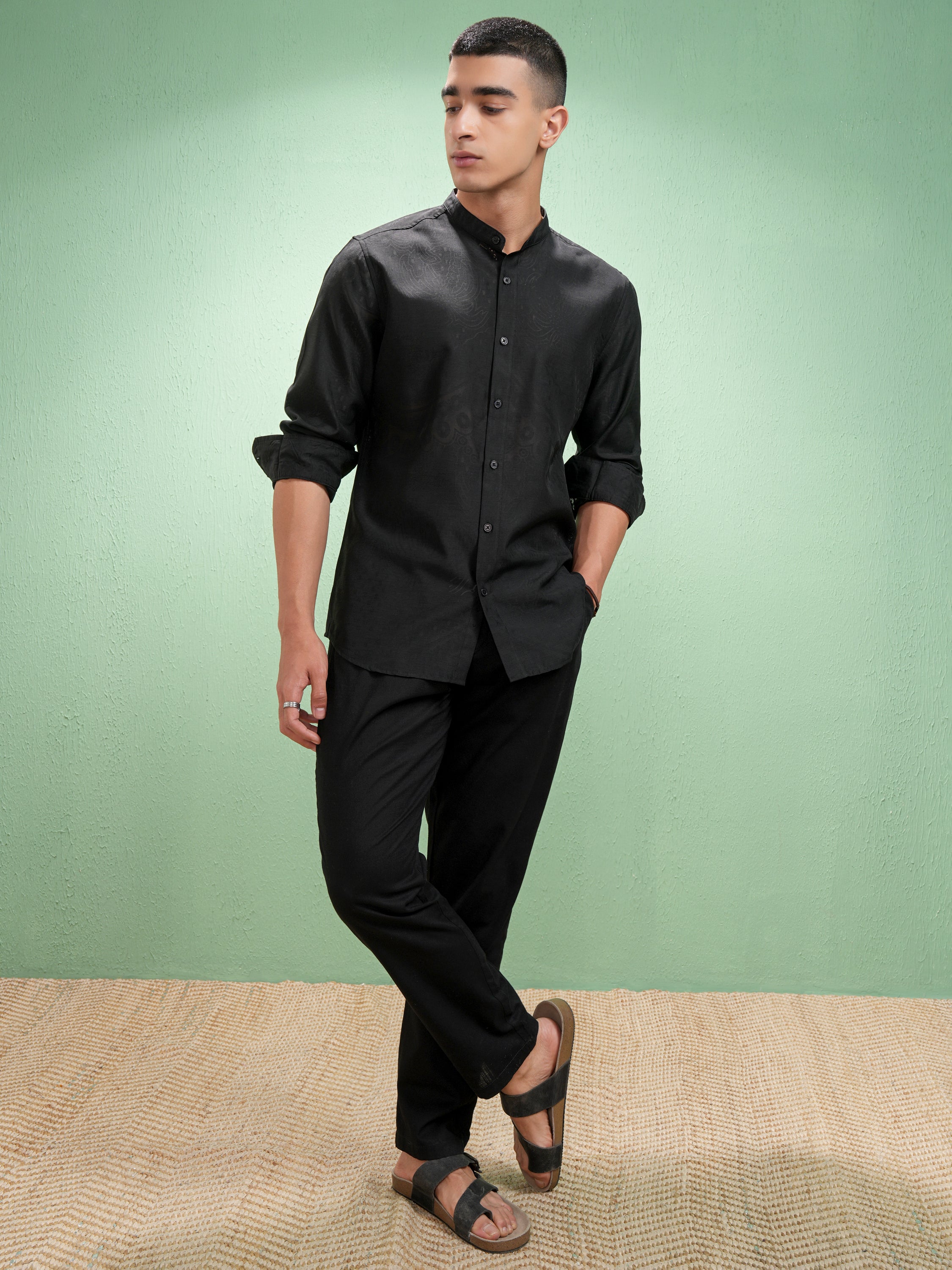 Highlander Men Black Self Design Slim Fit Casual Shirt - Black - Image 2