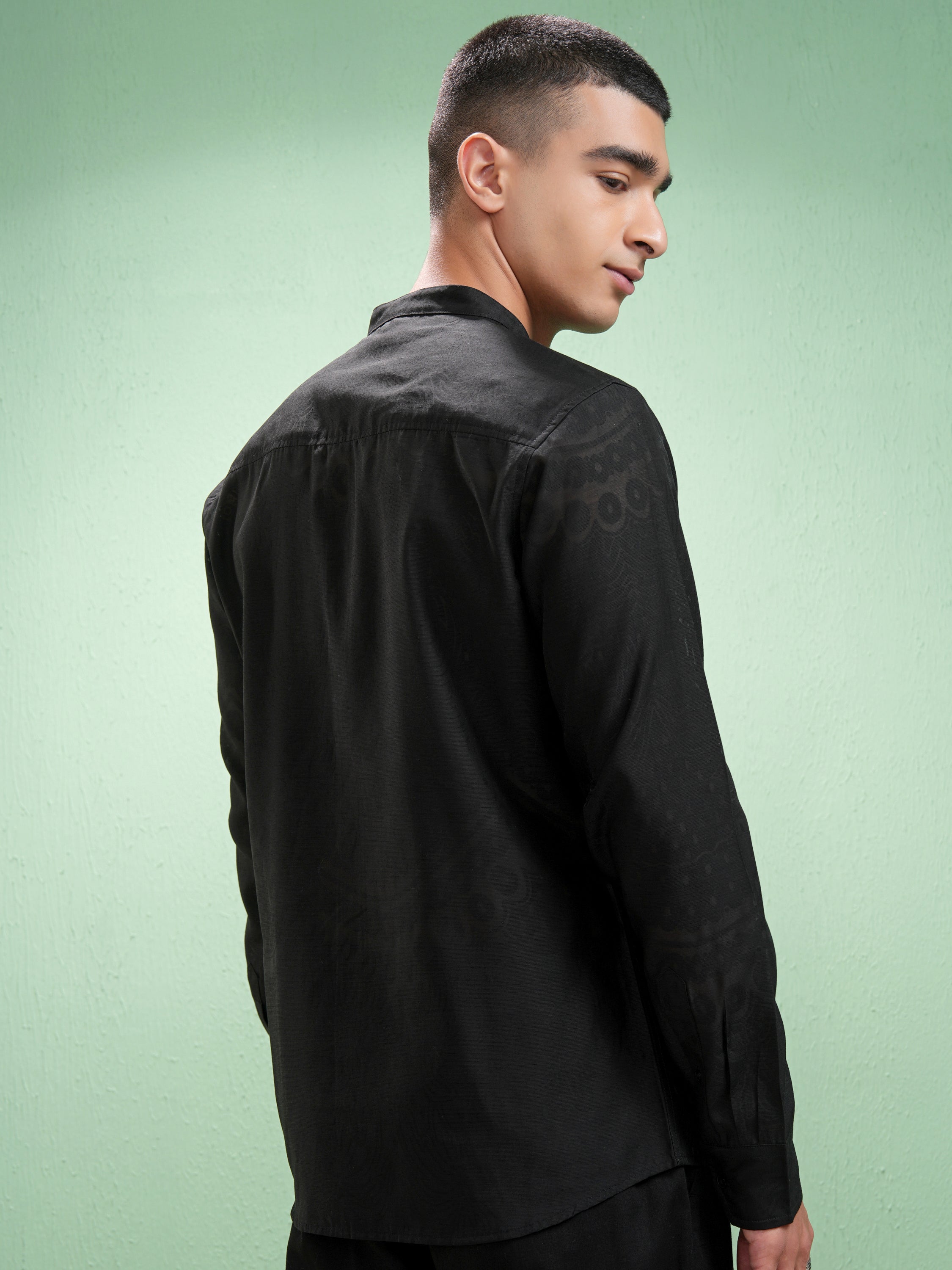 Highlander Men Black Self Design Slim Fit Casual Shirt - Black - Image 3