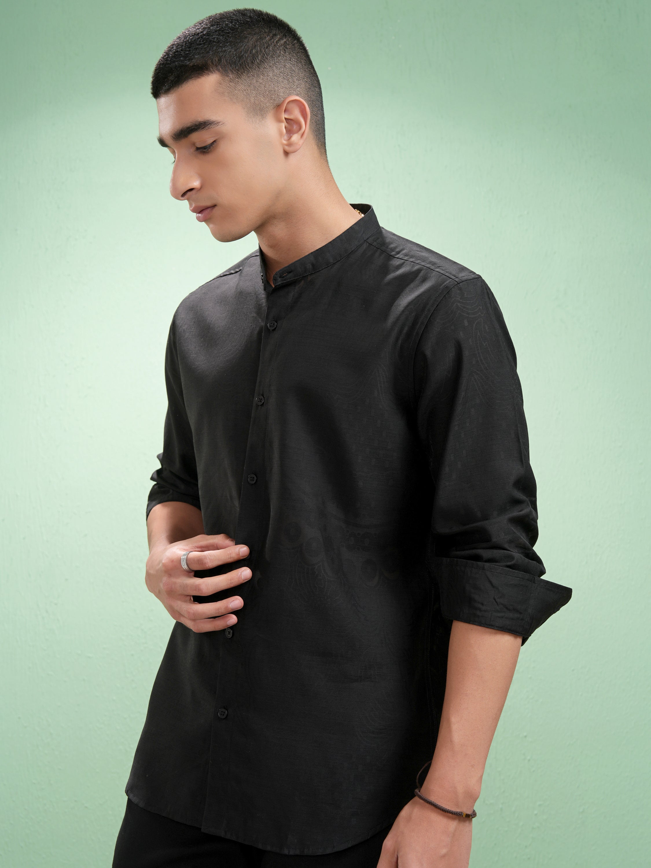 Highlander Men Black Self Design Slim Fit Casual Shirt - Black - Image 4