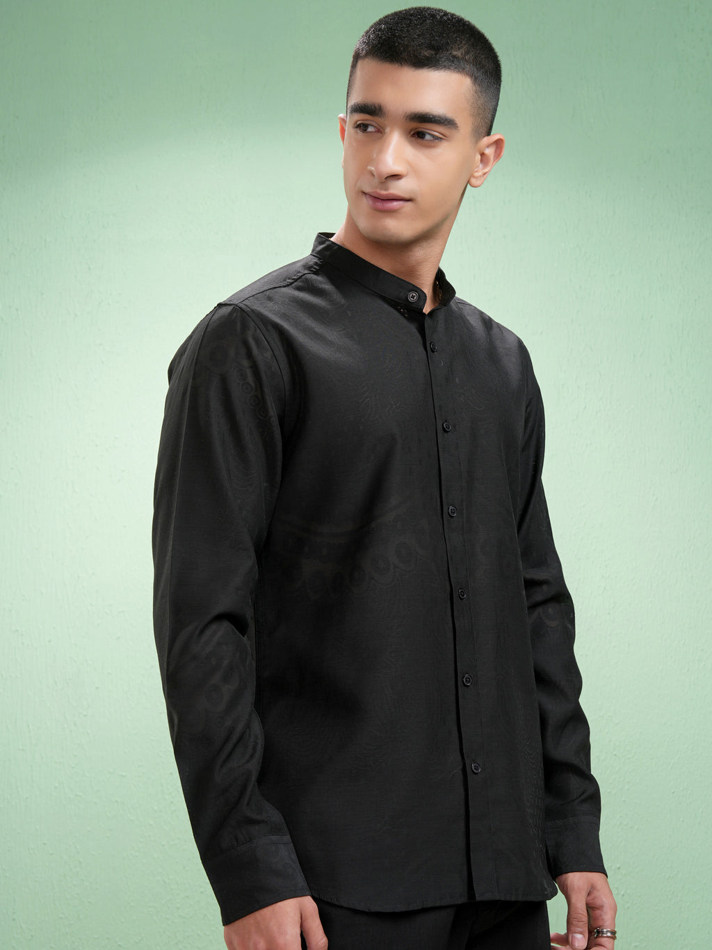Highlander Men Black Self Design Slim Fit Casual Shirt - Black - Image 6