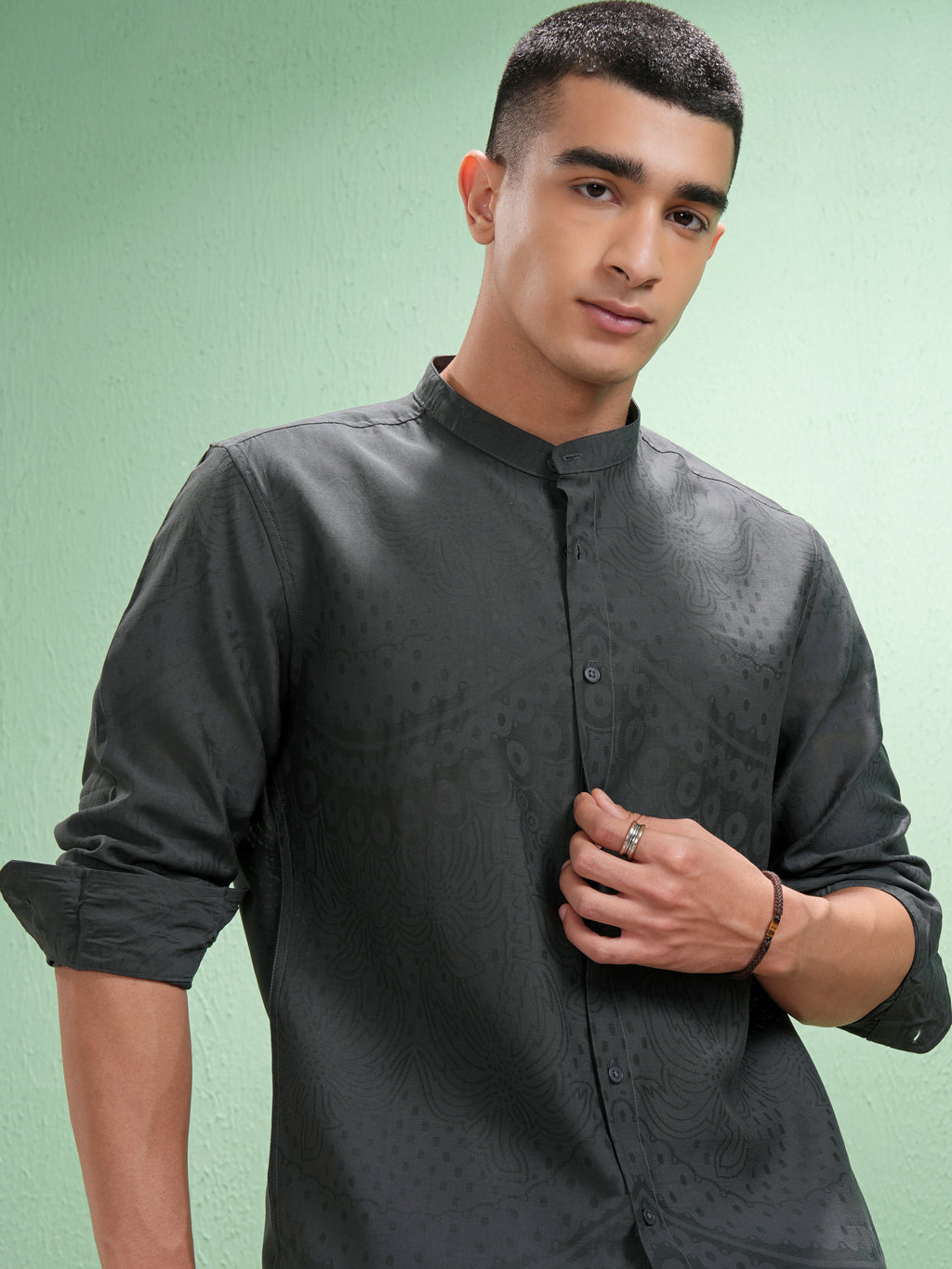 Highlander Men Grey Self Design Slim Fit Casual Shirt - Grey - Image 1