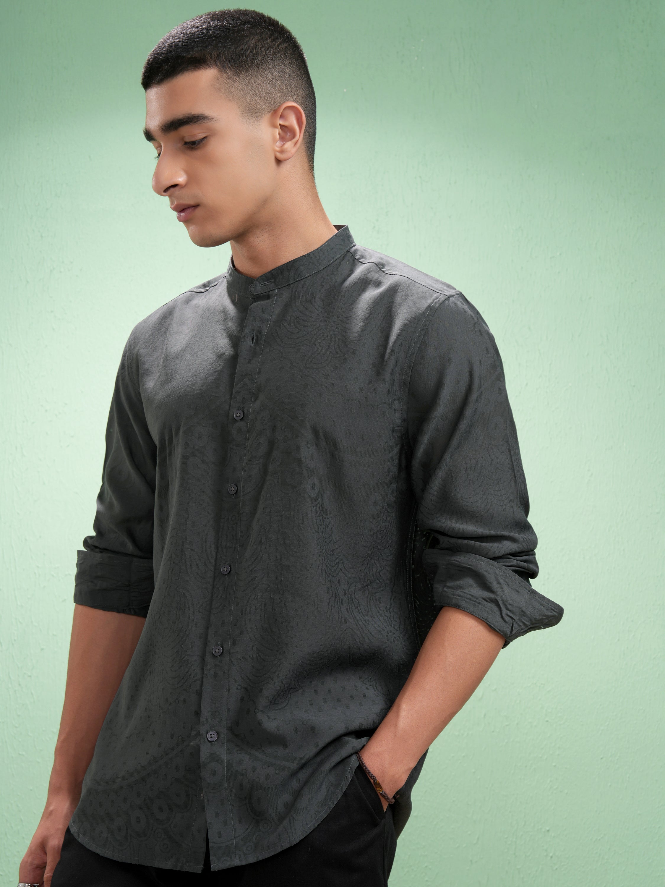 Highlander Men Grey Self Design Slim Fit Casual Shirt - Grey - Image 4