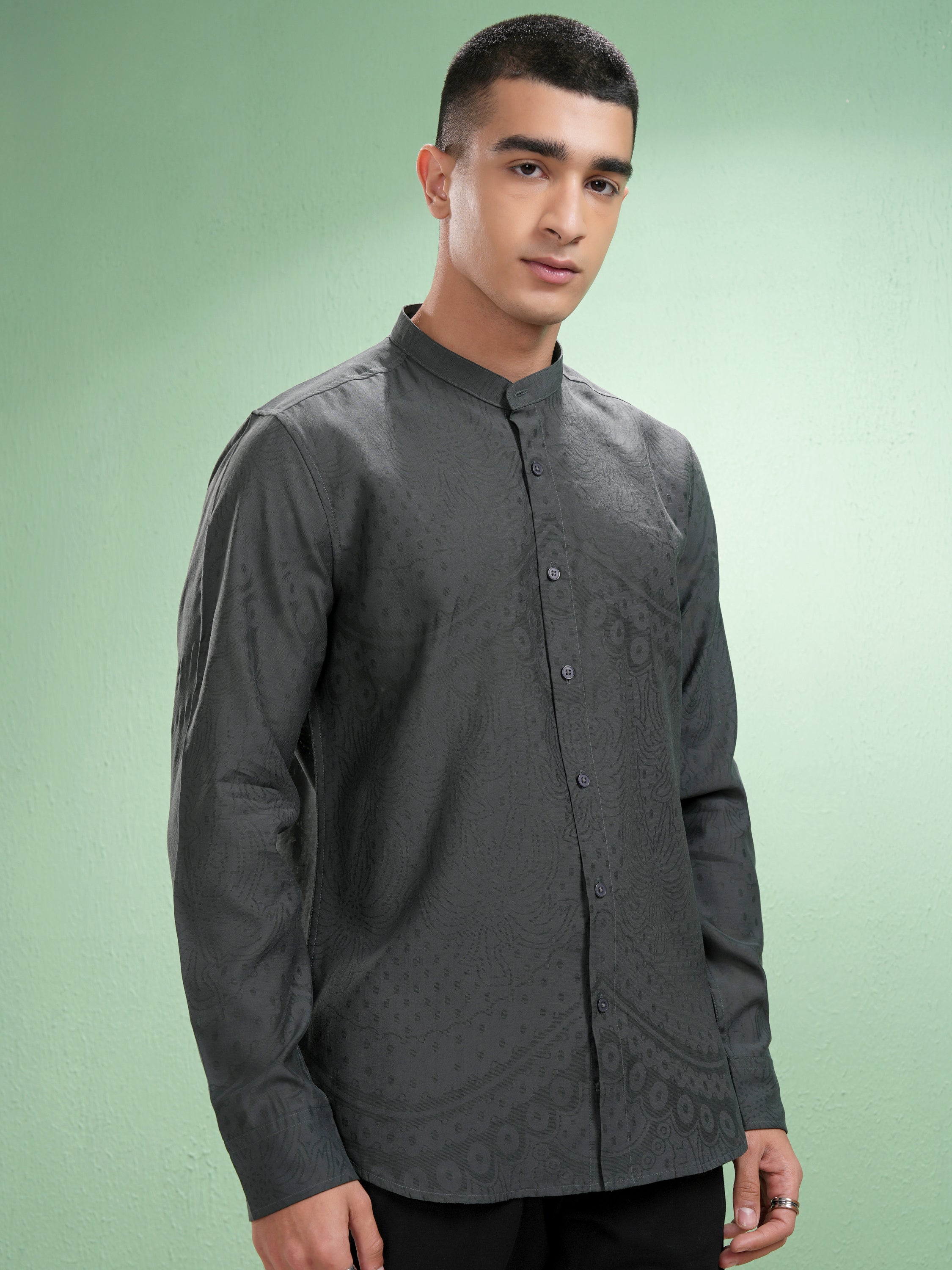 Highlander Men Grey Self Design Slim Fit Casual Shirt - Grey - Image 6