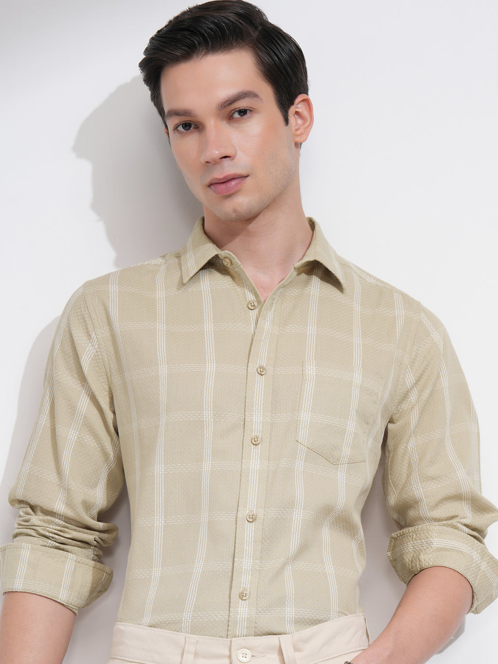 Highlander Men Beige Checked Slim Fit Casual Shirt - Beige - Image 1