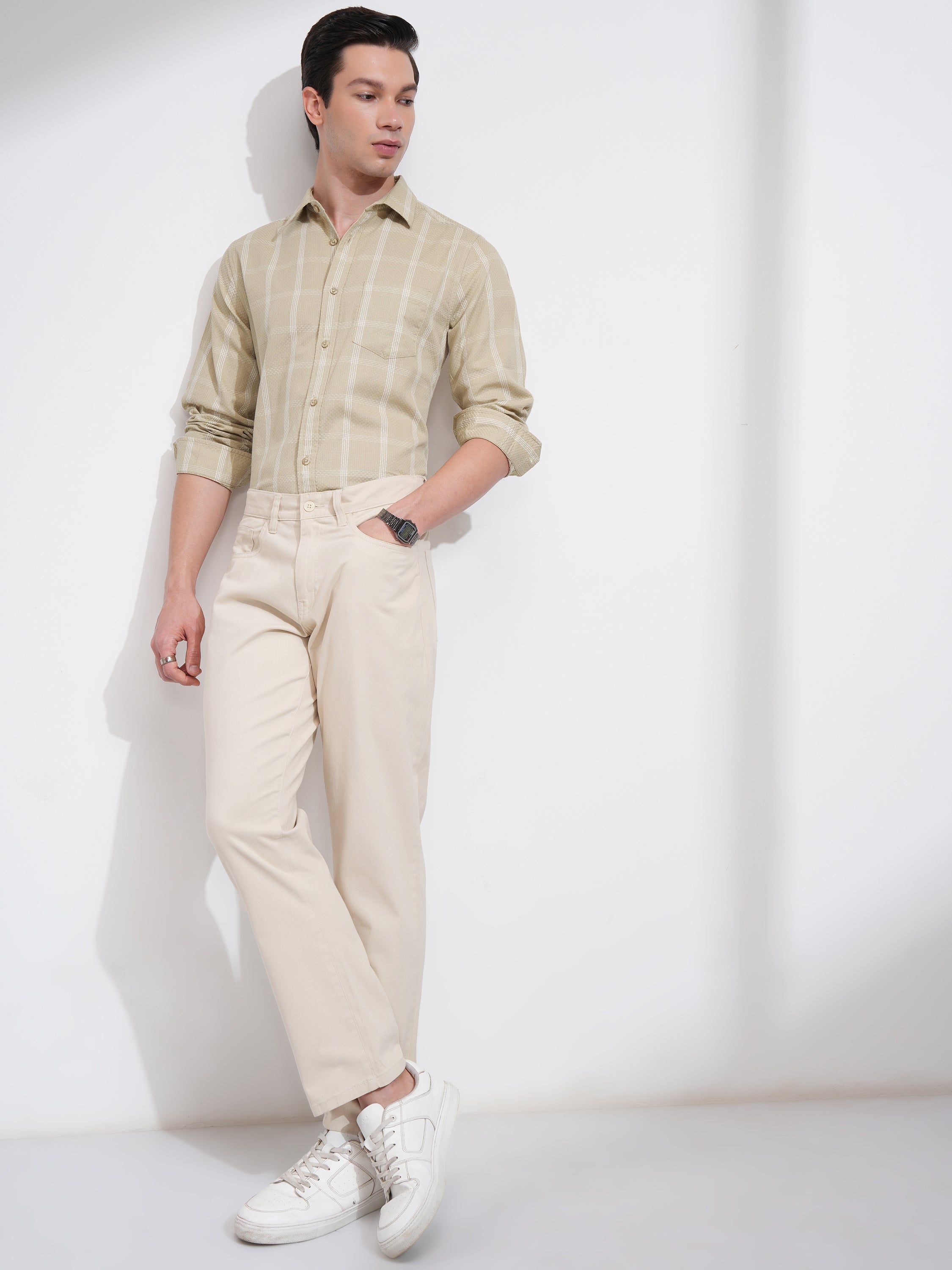 Highlander Men Beige Checked Slim Fit Casual Shirt - Beige - Image 2