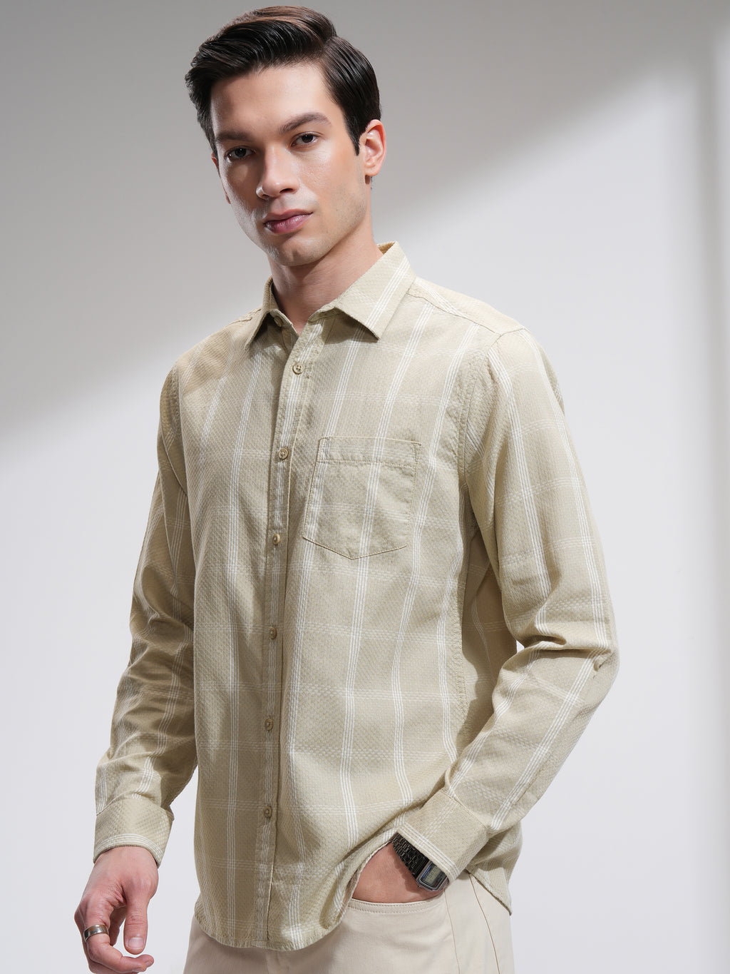 Highlander Men Beige Checked Slim Fit Casual Shirt - Beige - Image 4