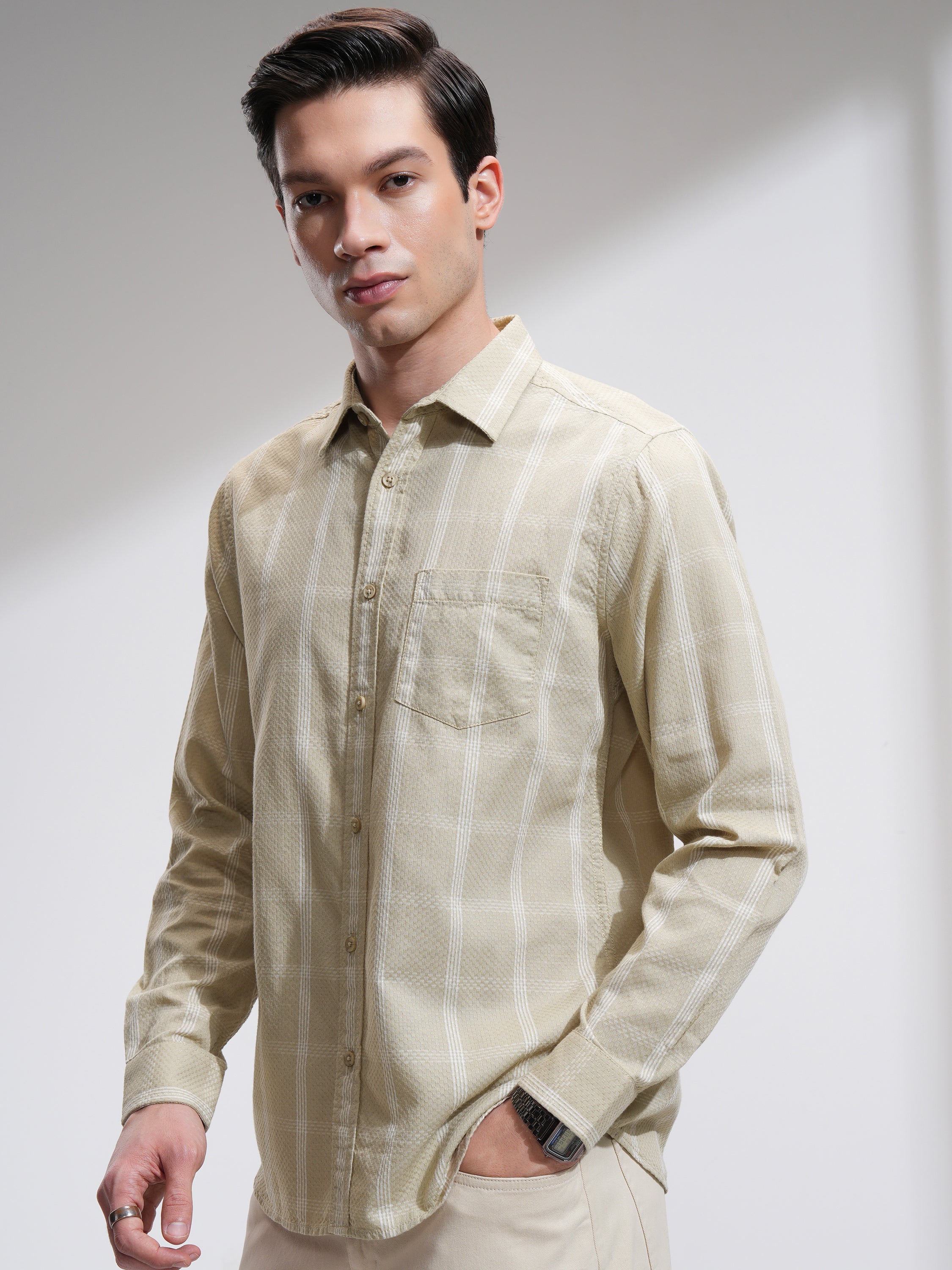 Highlander Men Beige Checked Slim Fit Casual Shirt - Beige - Image 4