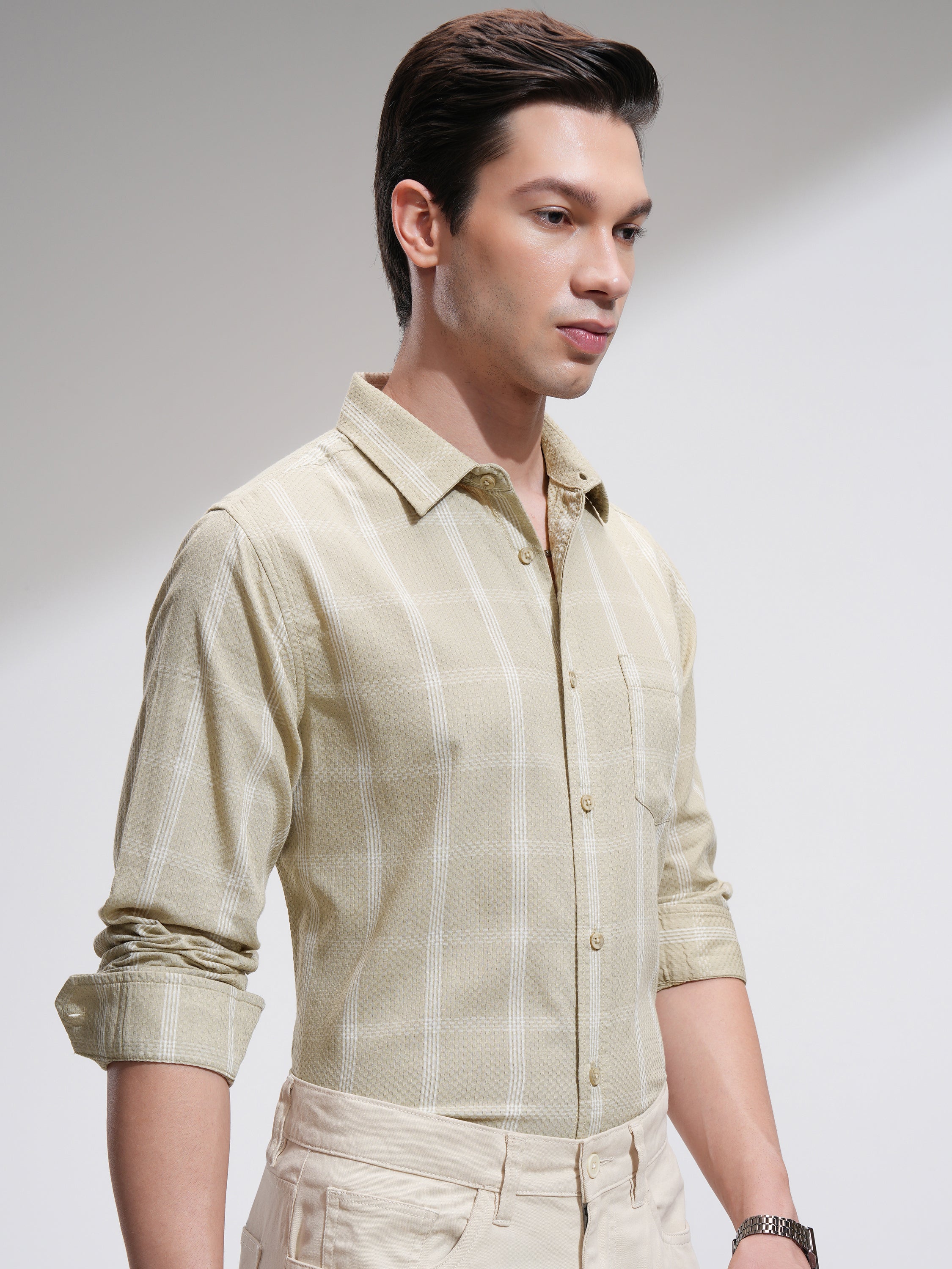 Highlander Men Beige Checked Slim Fit Casual Shirt - Beige - Image 6
