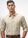 Highlander Men Beige Striped Slim Fit Casual Shirt - Beige - Image 1