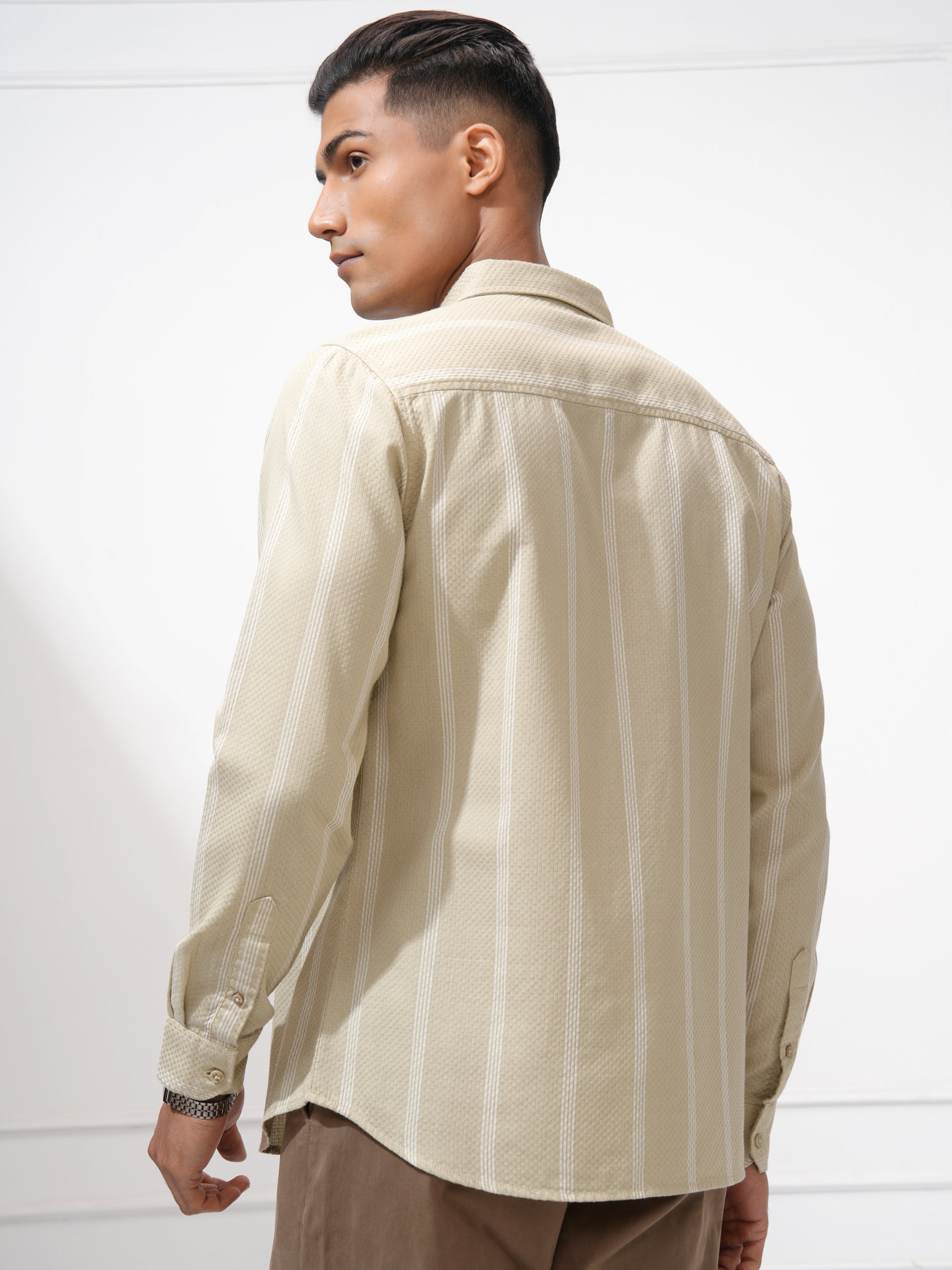 Highlander Men Beige Striped Slim Fit Casual Shirt - Beige - Image 3