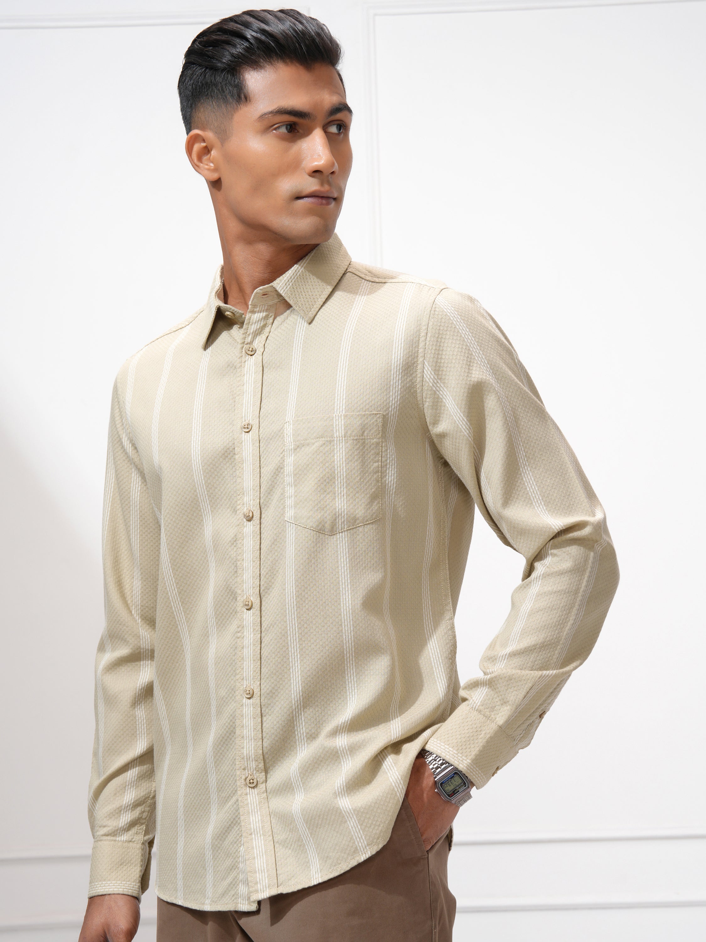 Highlander Men Beige Striped Slim Fit Casual Shirt - Beige - Image 4