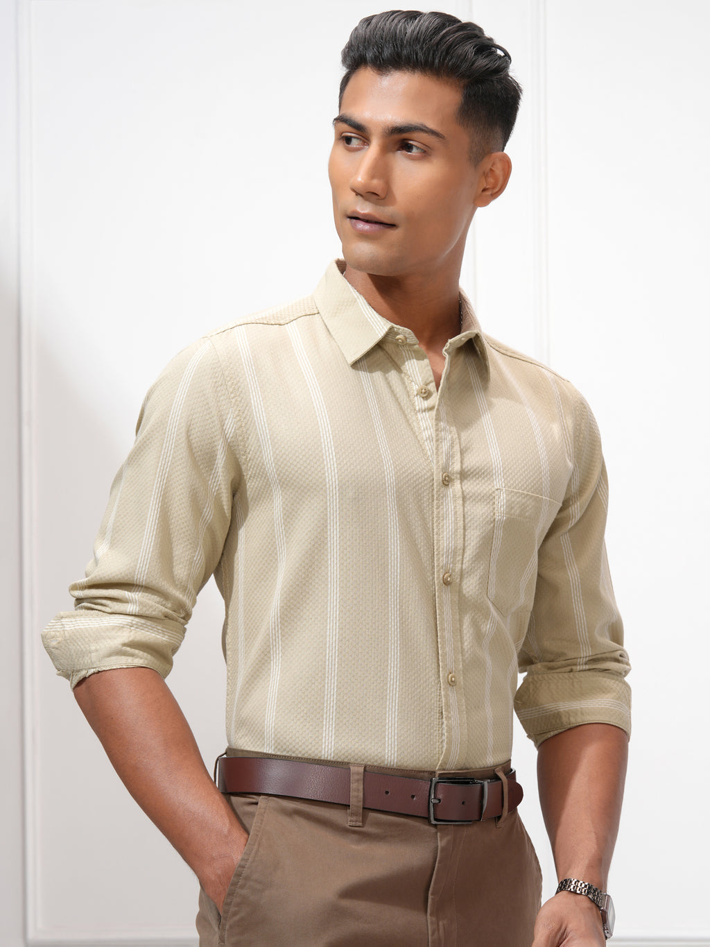 Highlander Men Beige Striped Slim Fit Casual Shirt - Beige - Image 6