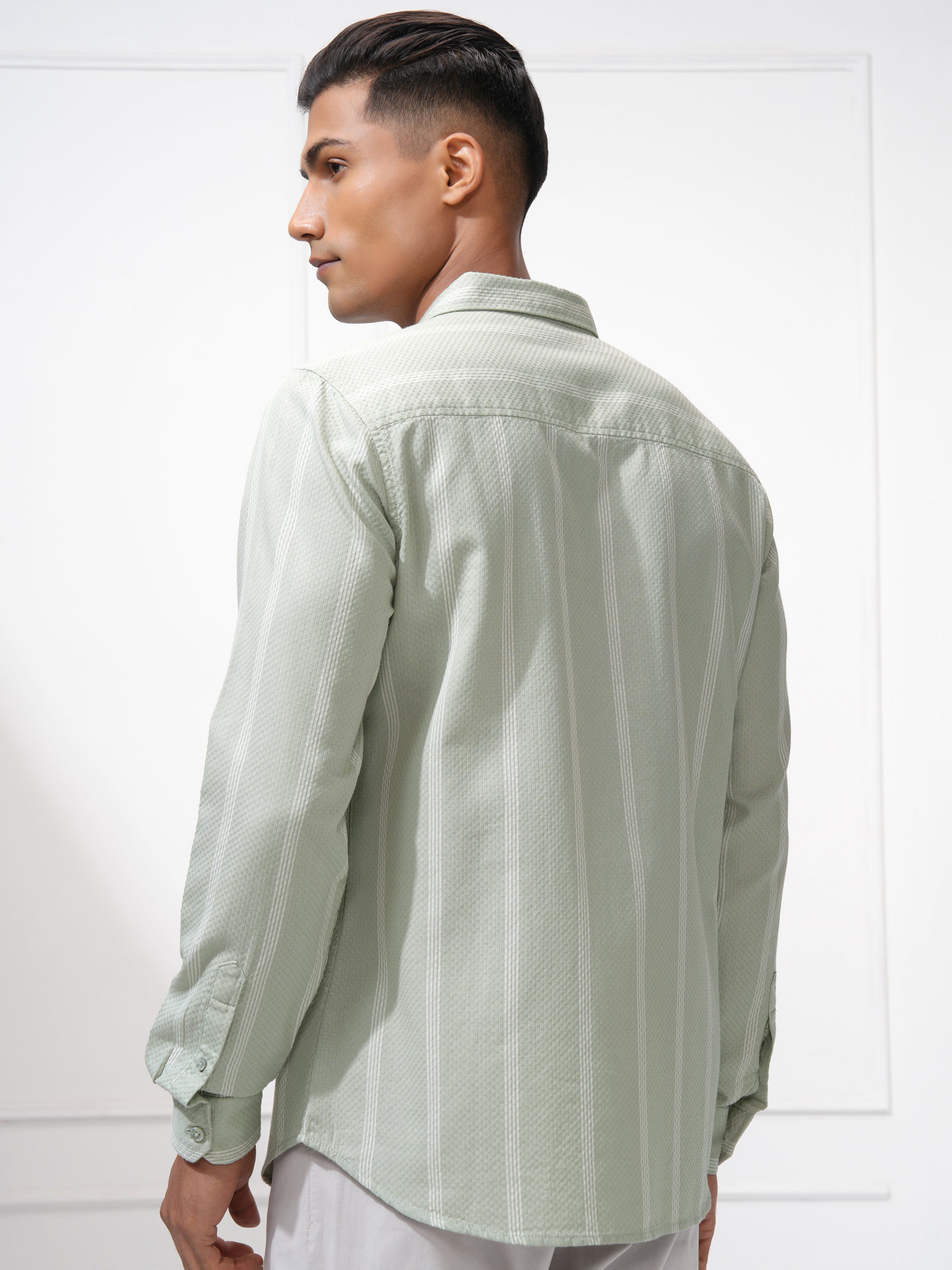 Highlander Men Green Striped Slim Fit Casual Shirt - Green - Image 3