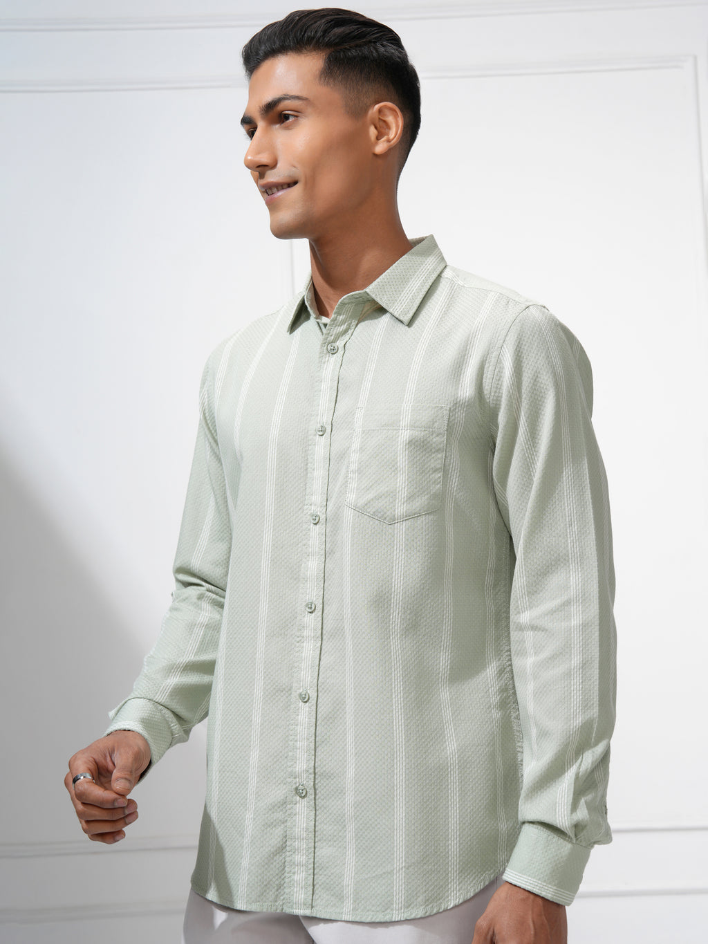 Highlander Men Green Striped Slim Fit Casual Shirt - Green - Image 4