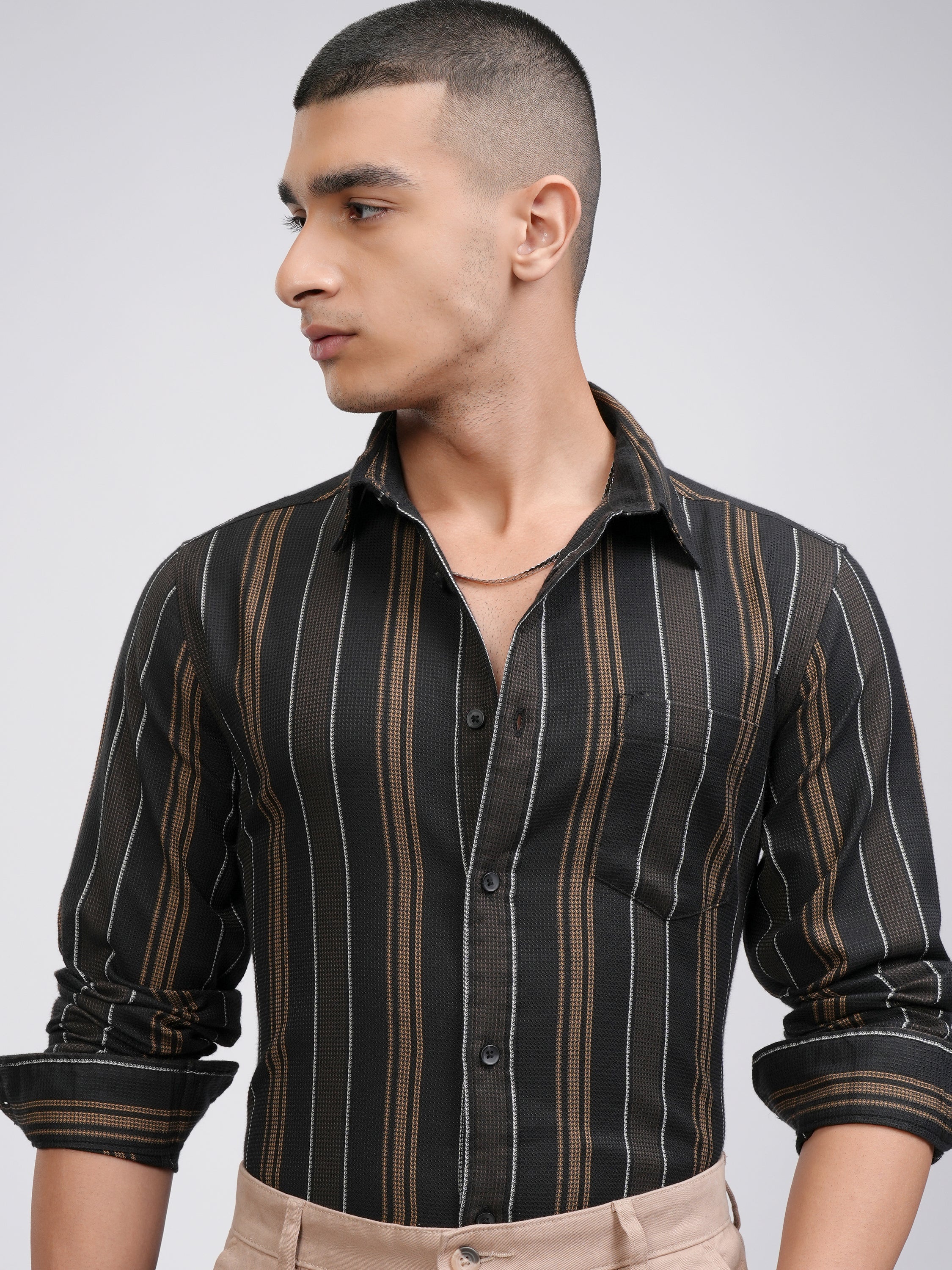 Highlander Men Black Striped Slim Fit Casual Shirt - Black - Image 1