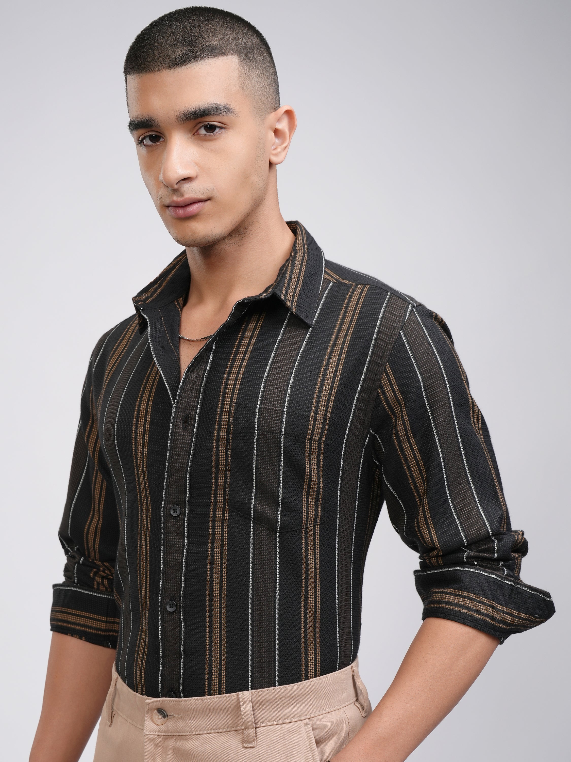 Highlander Men Black Striped Slim Fit Casual Shirt - Black - Image 4