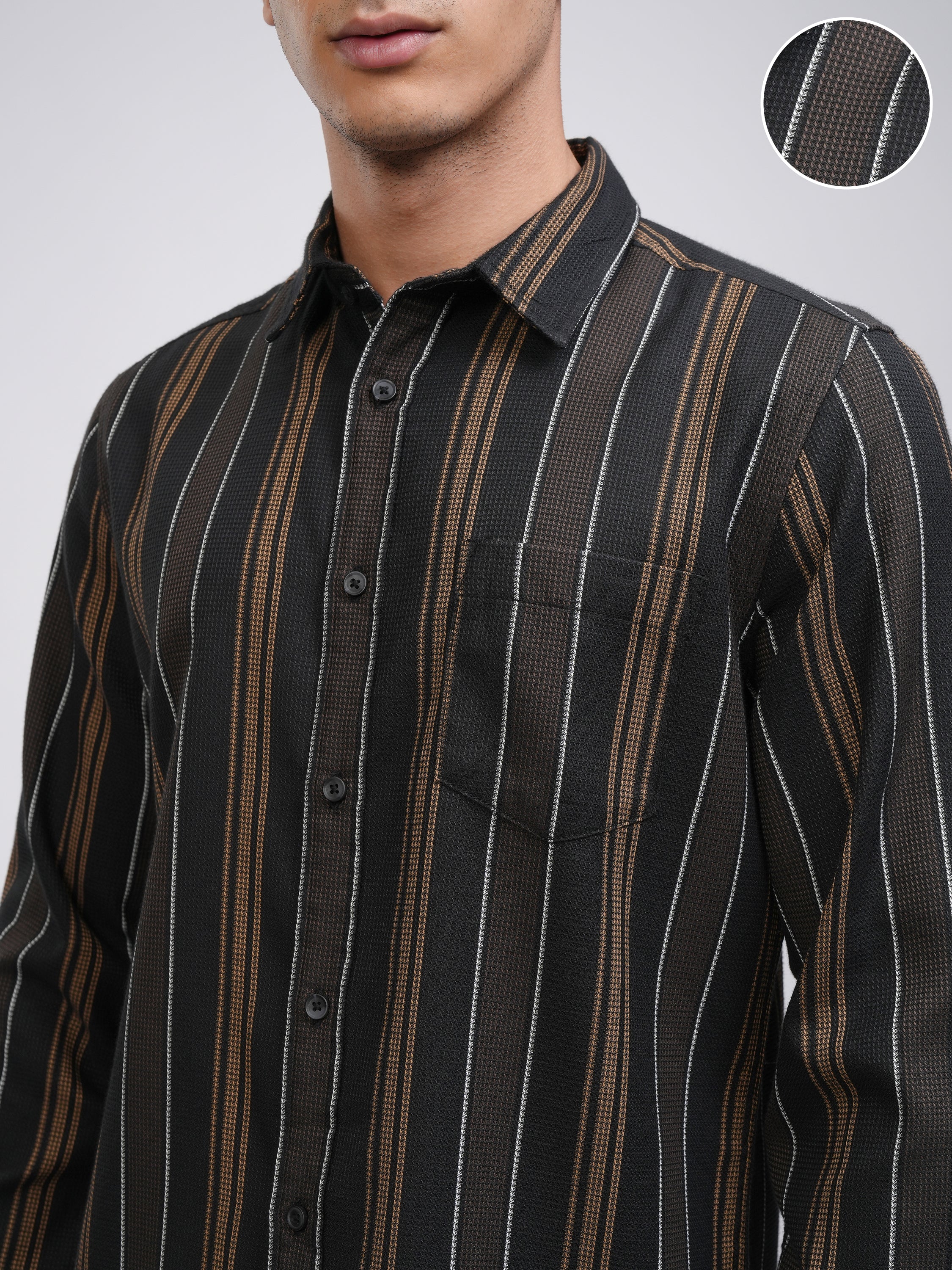 Highlander Men Black Striped Slim Fit Casual Shirt - Black - Image 5