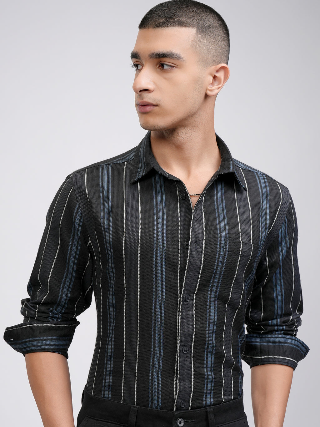 Highlander Men Black Striped Slim Fit Casual Shirt - Black - Image 1