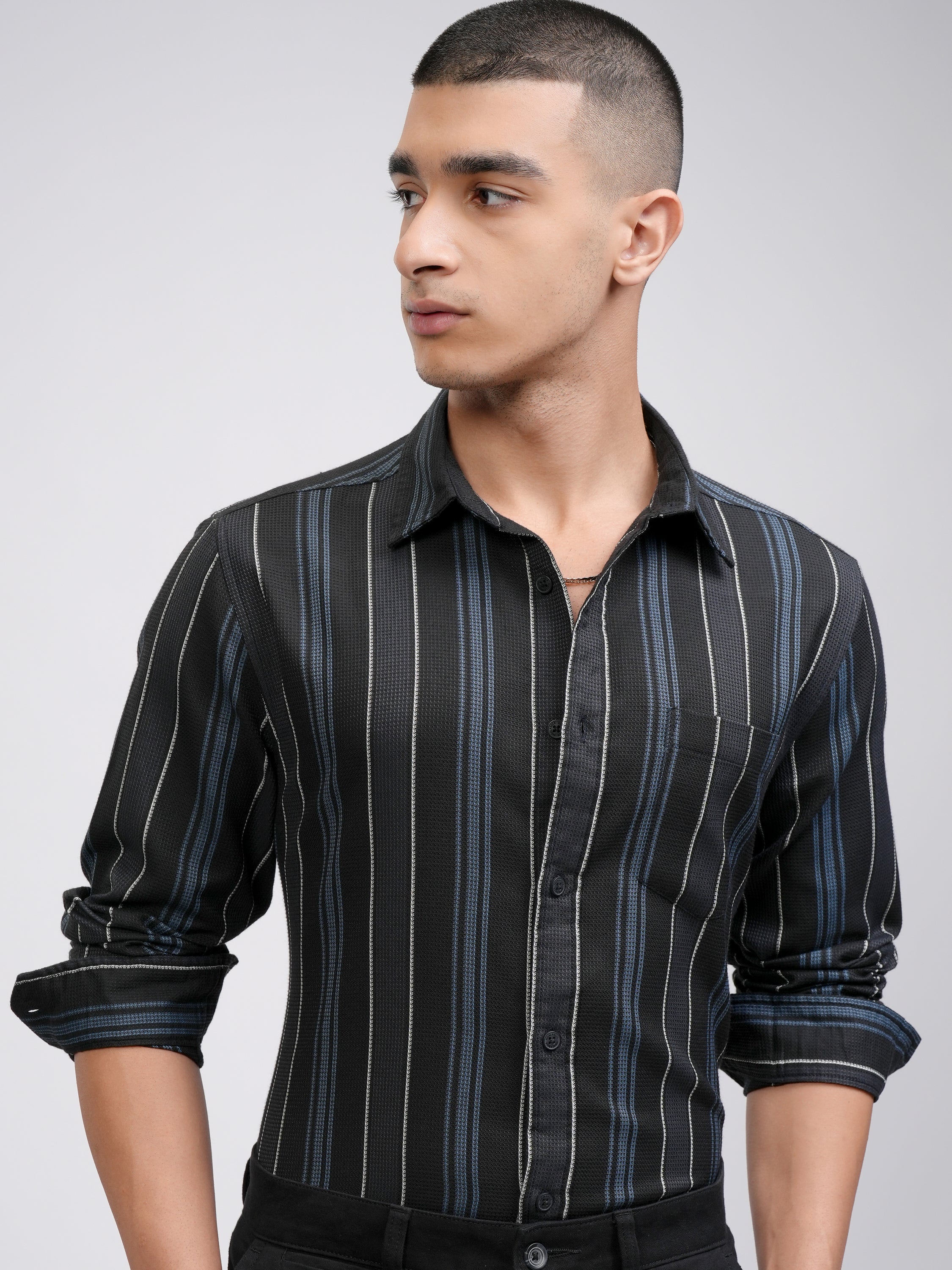 Highlander Men Black Striped Slim Fit Casual Shirt - Black - Image 1