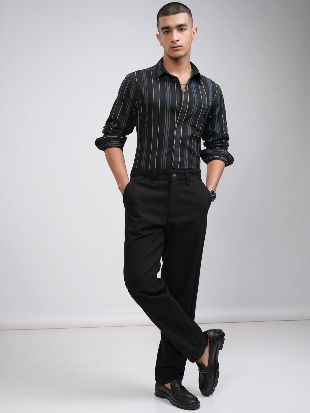 Highlander Men Black Striped Slim Fit Casual Shirt - Black - Image 2