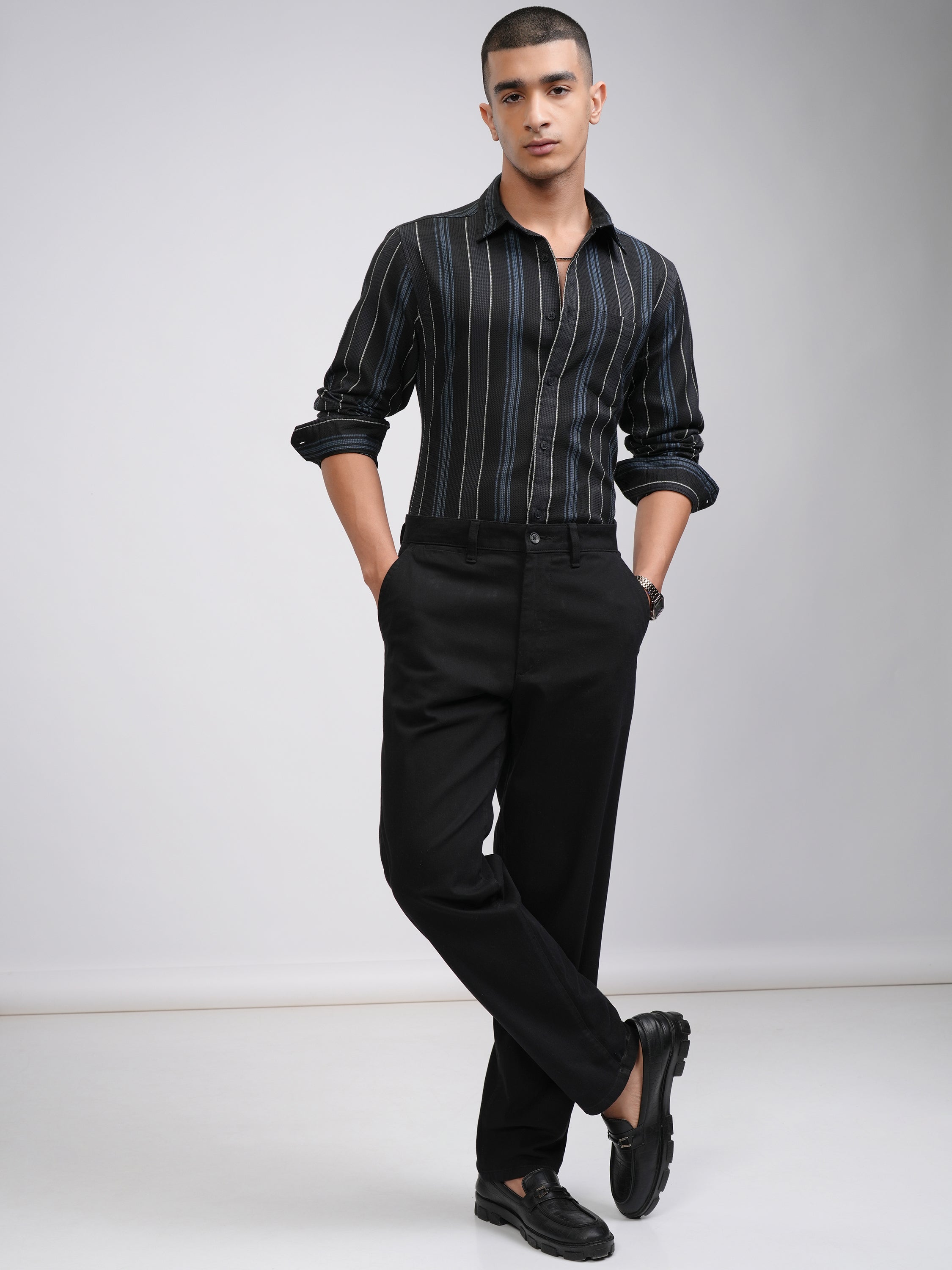 Highlander Men Black Striped Slim Fit Casual Shirt - Black - Image 2