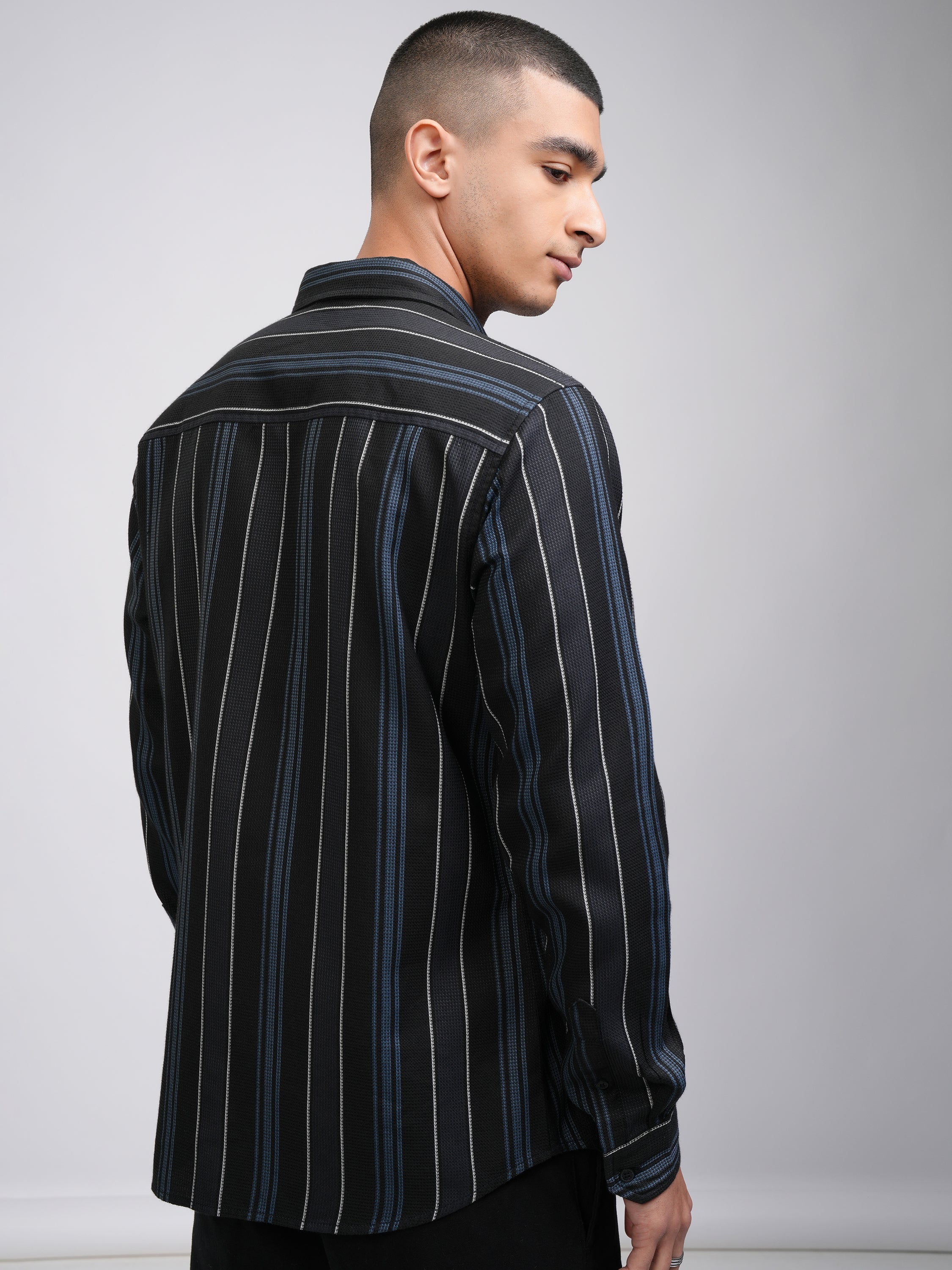 Highlander Men Black Striped Slim Fit Casual Shirt - Black - Image 3