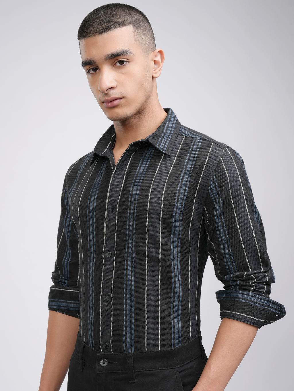 Highlander Men Black Striped Slim Fit Casual Shirt - Black - Image 4