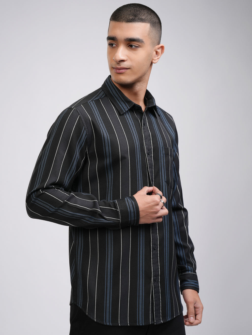 Highlander Men Black Striped Slim Fit Casual Shirt - Black - Image 6