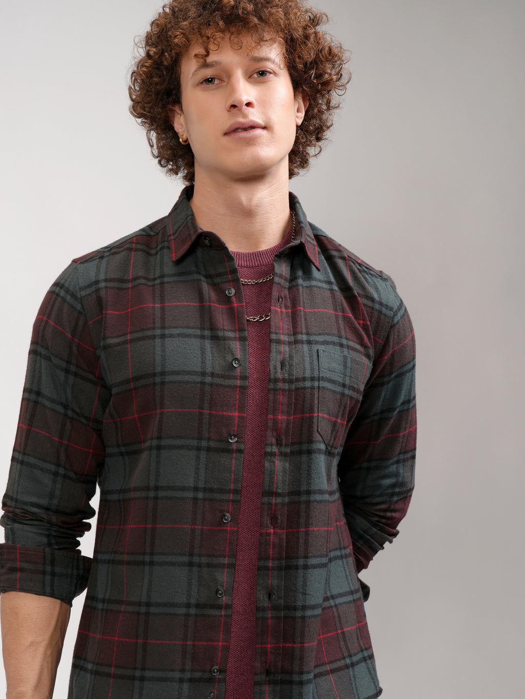 Highlander Men Maroon Checked Slim Fit Casual Shirt - Maroon - Image 1
