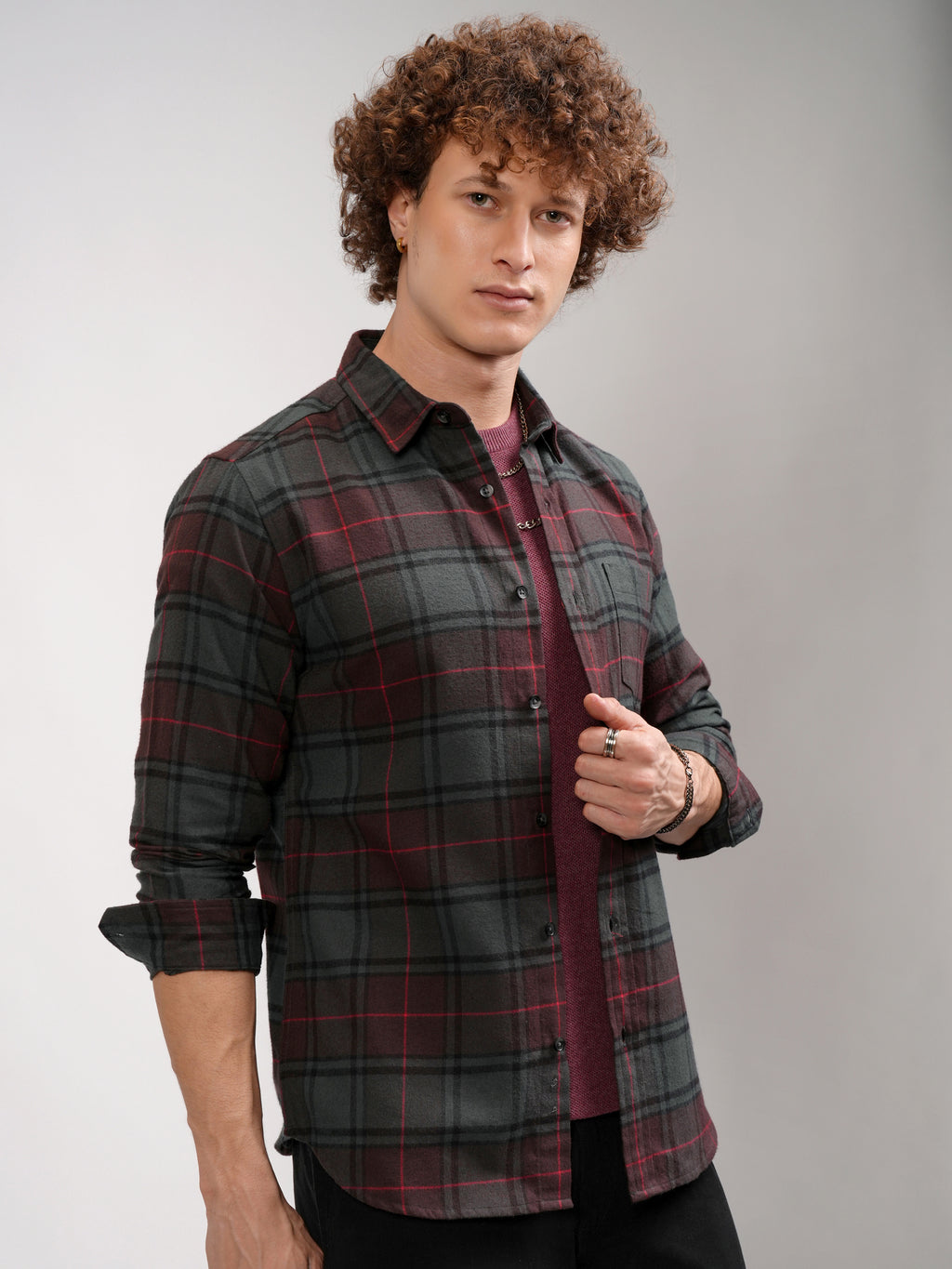 Highlander Men Maroon Checked Slim Fit Casual Shirt - Maroon - Image 6