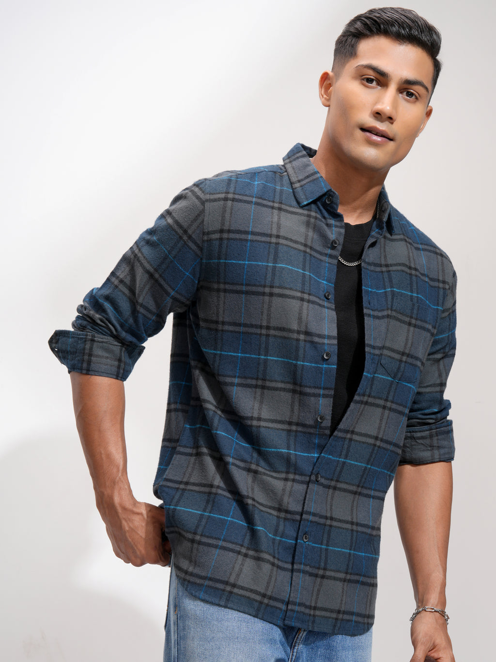 Highlander Men Blue Checked Slim Fit Casual Shirt - Blue - Image 6