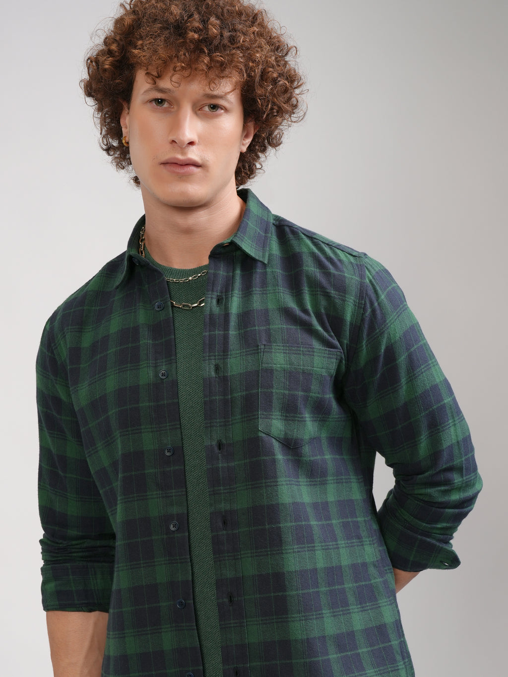 Highlander Men Green Checked Slim Fit Casual Shirt - Green - Image 1