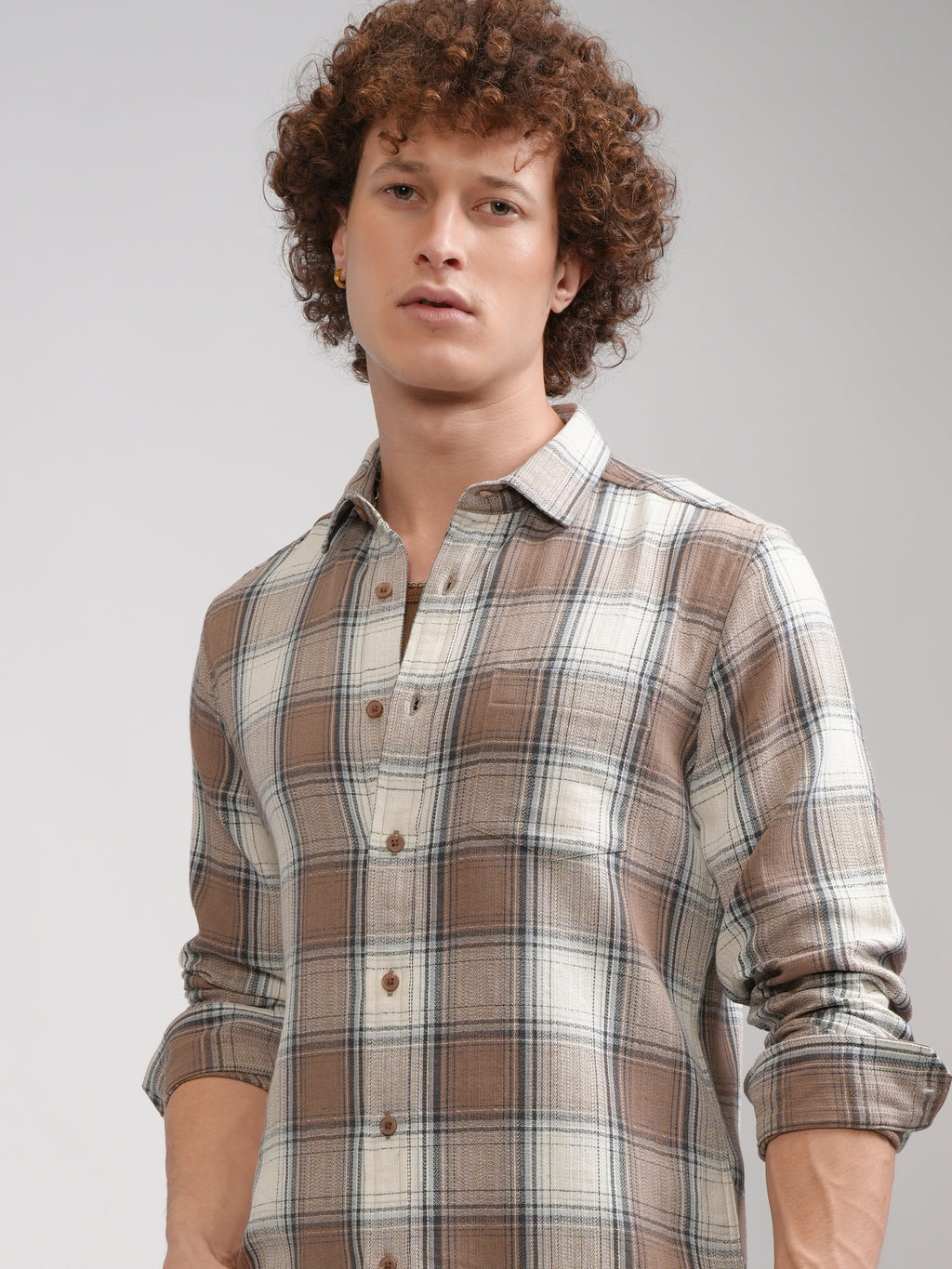 Highlander Men Cream Checked Slim Fit Casual Shirt - Cream - Image 1