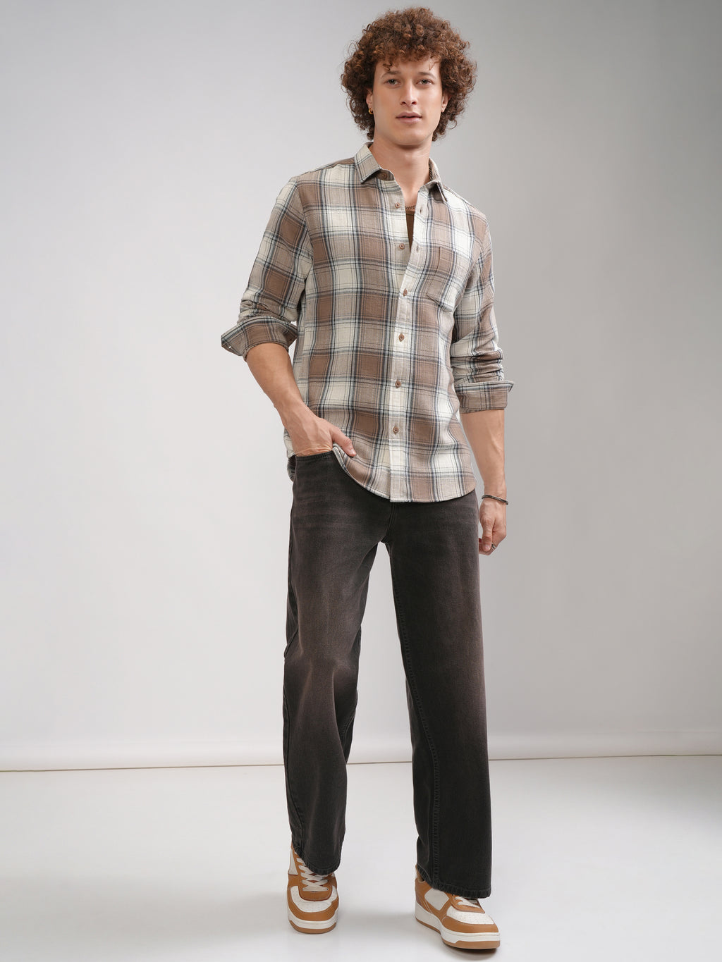 Highlander Men Cream Checked Slim Fit Casual Shirt - Cream - Image 2