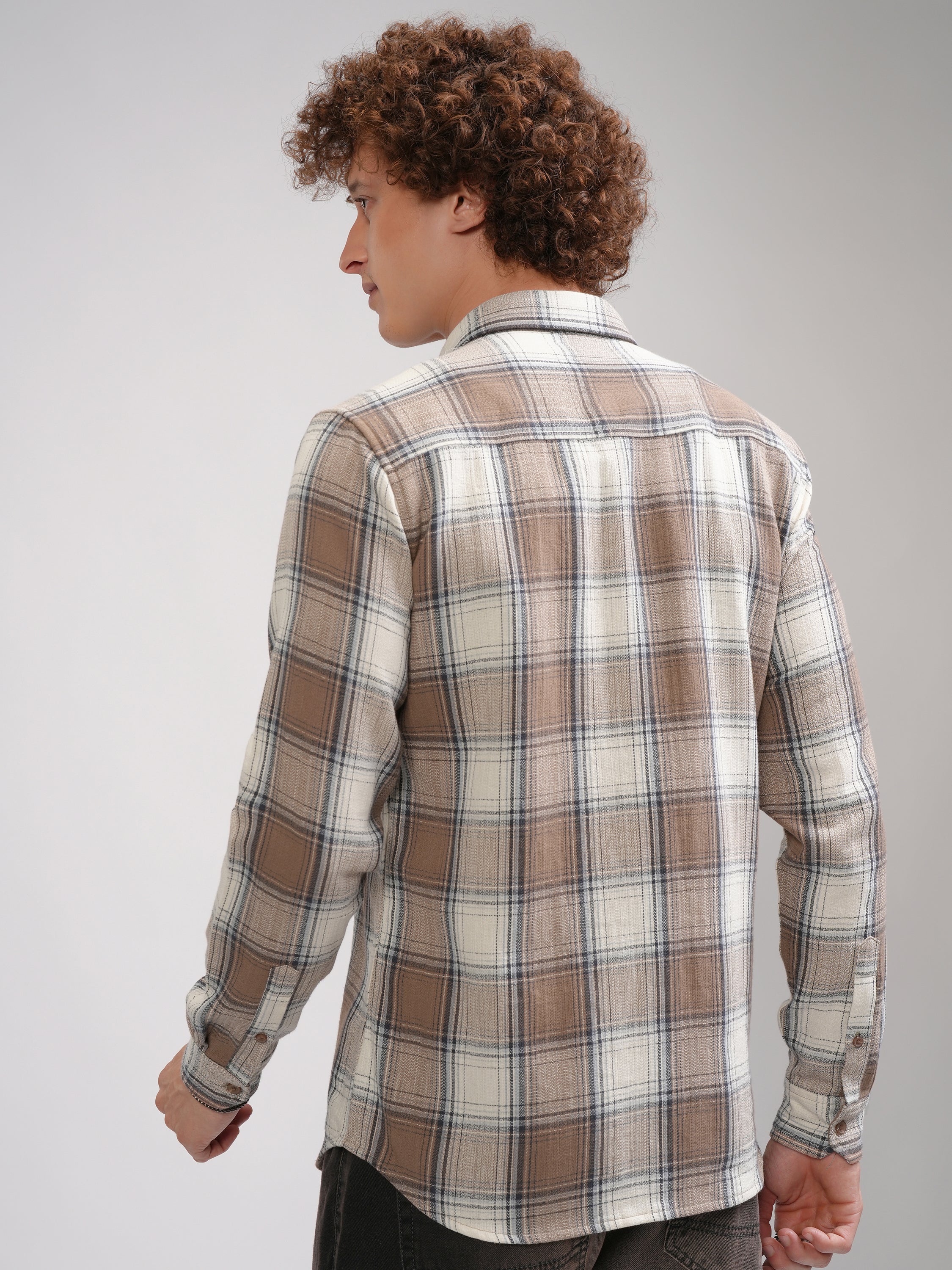 Highlander Men Cream Checked Slim Fit Casual Shirt - Cream - Image 3